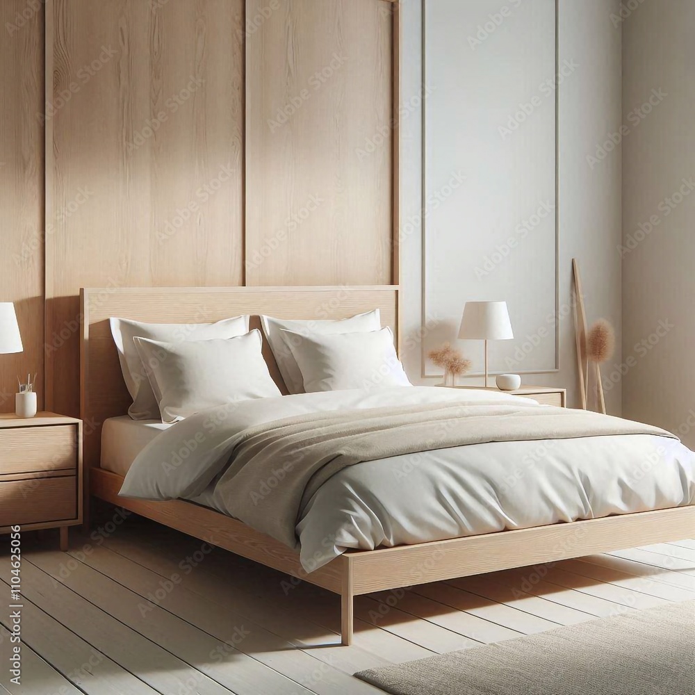 Modern Scandinavian Style Bedroom with Wooden Bed and White Bedding Modern Scandinavian Style Bedroom with Wooden Bed and White Bedding