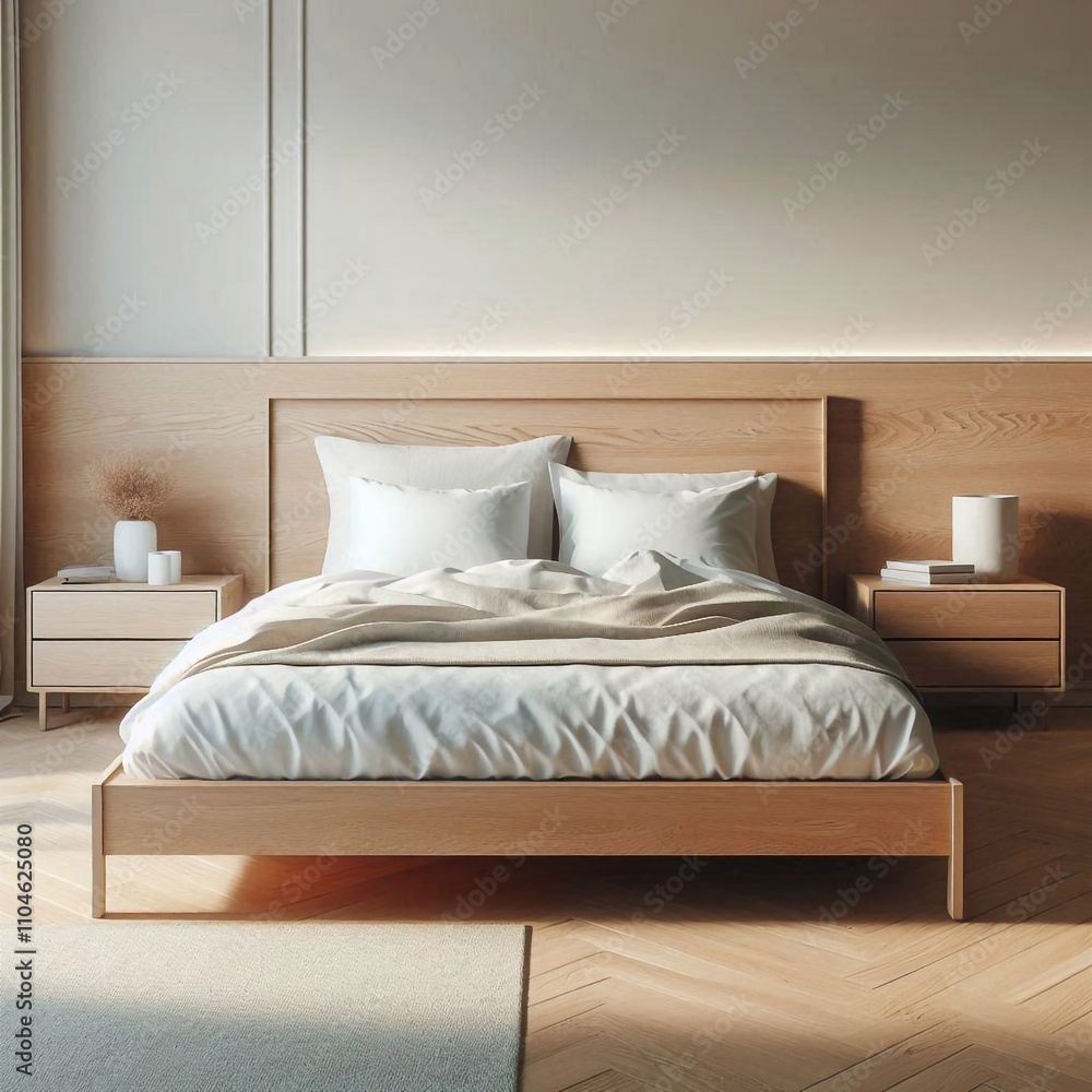 Modern Scandinavian Style Bedroom with Wooden Bed and White Bedding Modern Scandinavian Style Bedroom with Wooden Bed and White Bedding