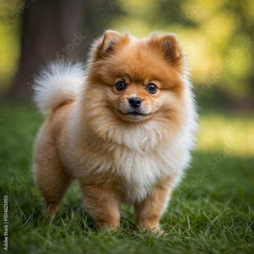 Pomeranian puppy standing on soft grass with a blurred green tree background.