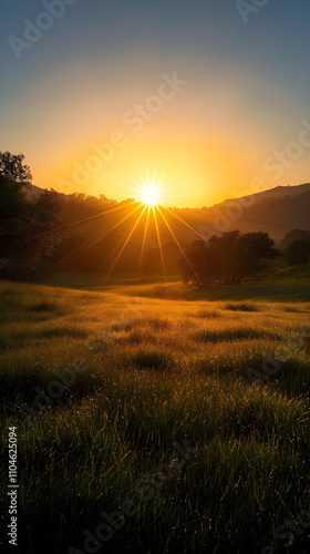 Morning Sun Rising Over Serene Landscape, Casting Warm Golden Rays