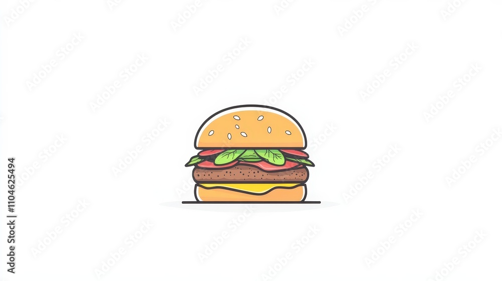 Colorful Cartoon Style Burger with Lettuce and Tomato on White Background