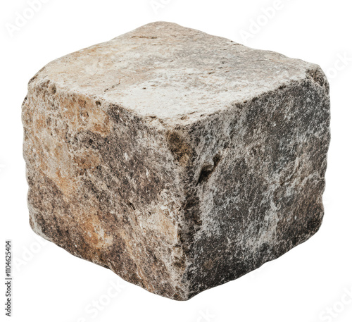 Textured stone cube resting on a surface, cut out - stock png. photo