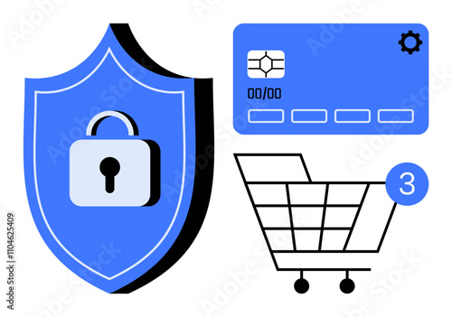 Security shield with padlock, credit card with settings icon, and shopping cart with notification indicating three items. Ideal for online shopping safety, digital transactions, secure payments