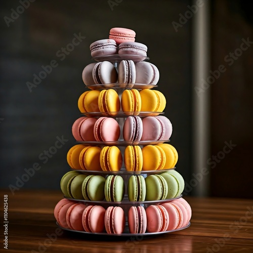 macaron tower, macaron display, french macarons, colorful macarons, macaron masterpiece, macaron pyramid, macaron centerpiece, parisian pastry display, food, market, brown, red, sweet, egg, colorful,  photo