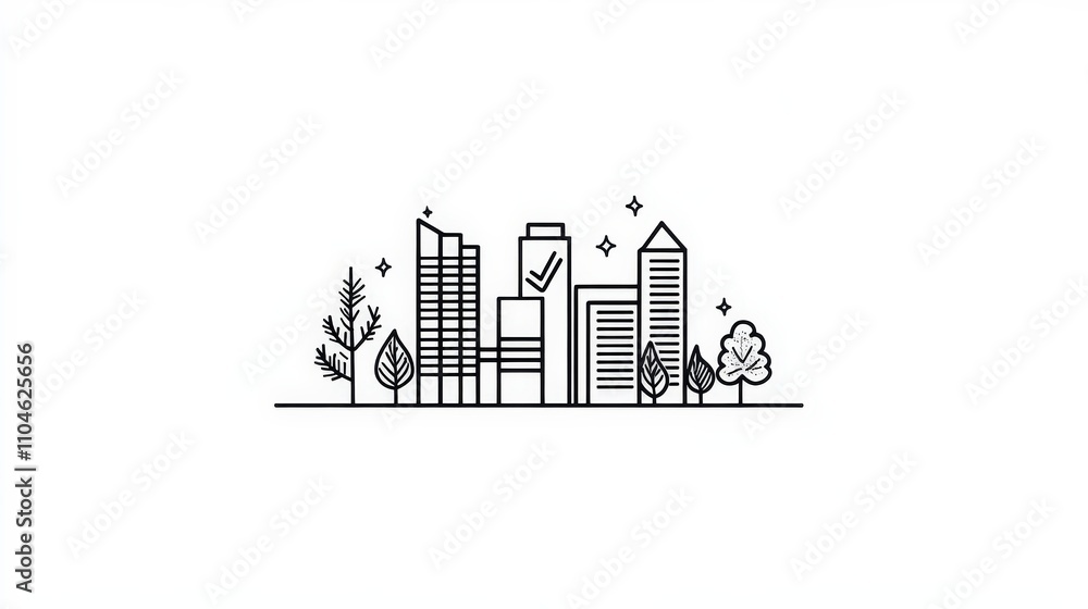 Fototapeta premium Minimalist Line Art of Urban Skyline with Trees and Buildings