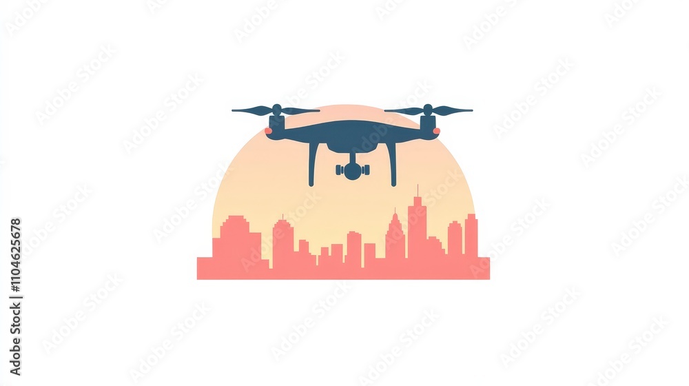 Drone Flying Over City Skyline at Sunset with Colorful Background Drone Flying Over City Skyline at Sunset with Colorful Background