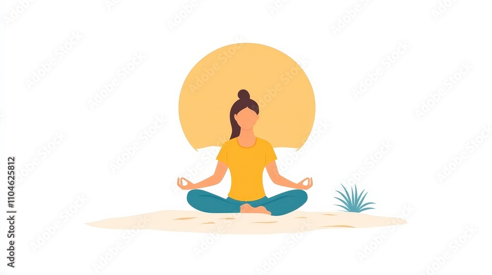 Woman Meditating with Sun in Background on Sandy Beach Theme Woman Meditating with Sun in Background on Sandy Beach Theme