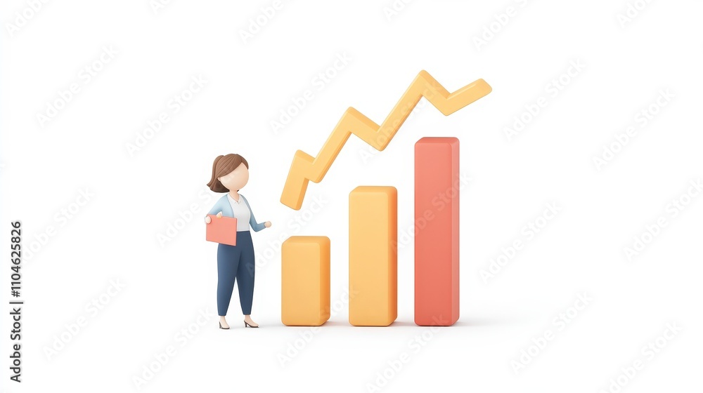 Cartoon Character Presenting Increasing Bar Graph with Arrow Growth Cartoon Character Presenting Increasing Bar Graph with Arrow Growth