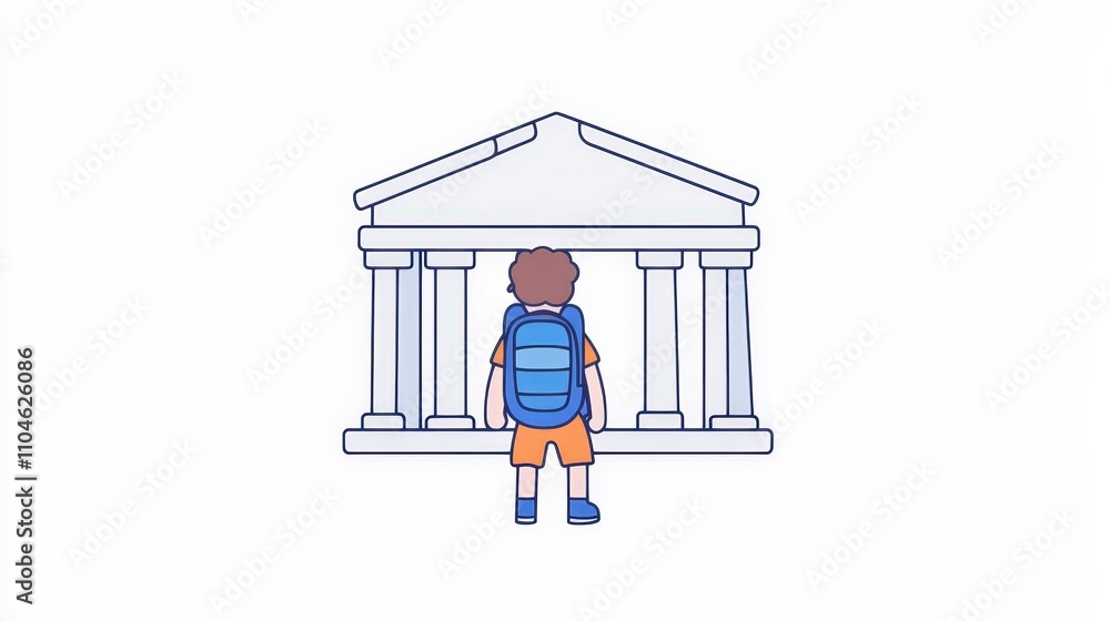Child Gazing at Historical Building with Backpack and Curiosity Child Gazing at Historical Building with Backpack and Curiosity