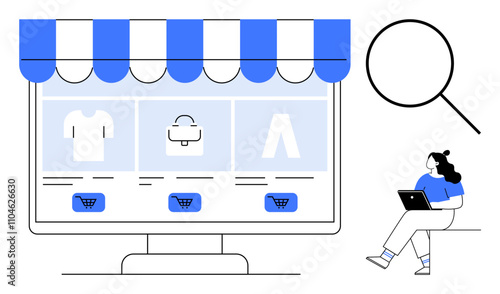 Computer screen displaying an online store with a striped awning, shopping cart icons, and a customer browsing on a laptop. Ideal for e-commerce, retail, shopping, technology, online business