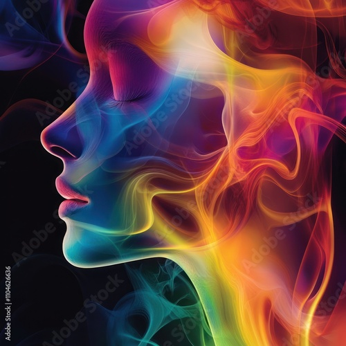 Abstract colorful portrait with flowing smoke-like patterns.