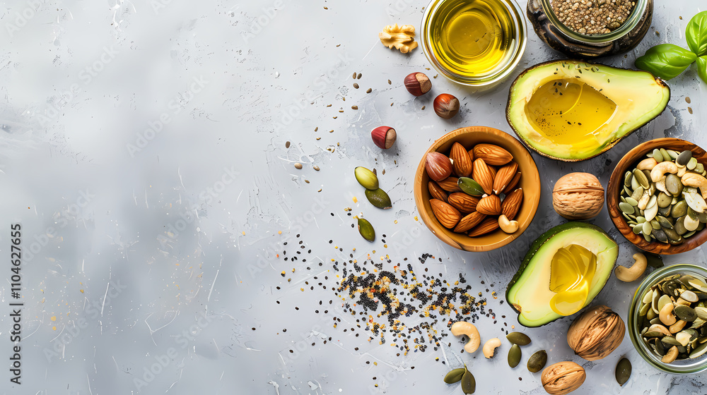 Nourishing Goodness: A vibrant flat lay featuring a selection of healthy fats and nuts, including avocado, almonds, cashews, pumpkin seeds, hazelnuts, and olive oil. Nourishing Goodness: A vibrant flat lay featuring a selection of healthy fats and nuts, including avocado, almonds, cashews, pumpkin seeds, hazelnuts, and olive oil.