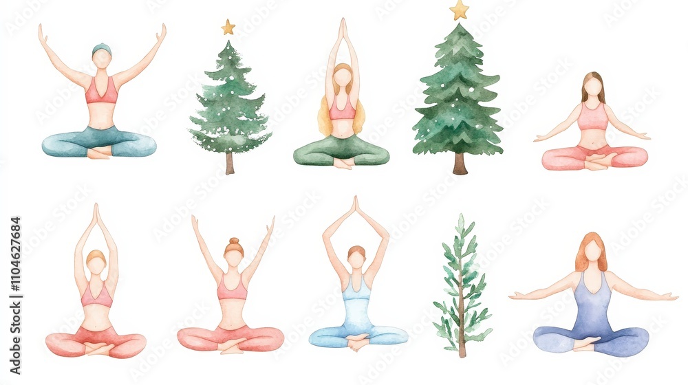 Serene Yoga Poses with Christmas Trees and Peaceful Atmosphere Serene Yoga Poses with Christmas Trees and Peaceful Atmosphere