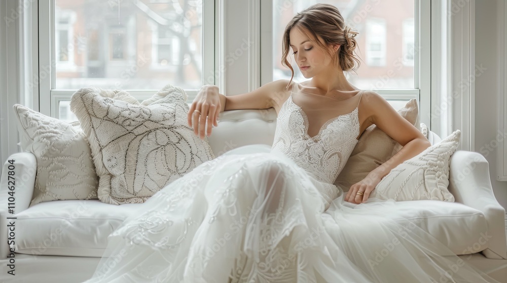 Bride in Lace Wedding Gown Relaxing on a White Sofa Bride in Lace Wedding Gown Relaxing on a White Sofa