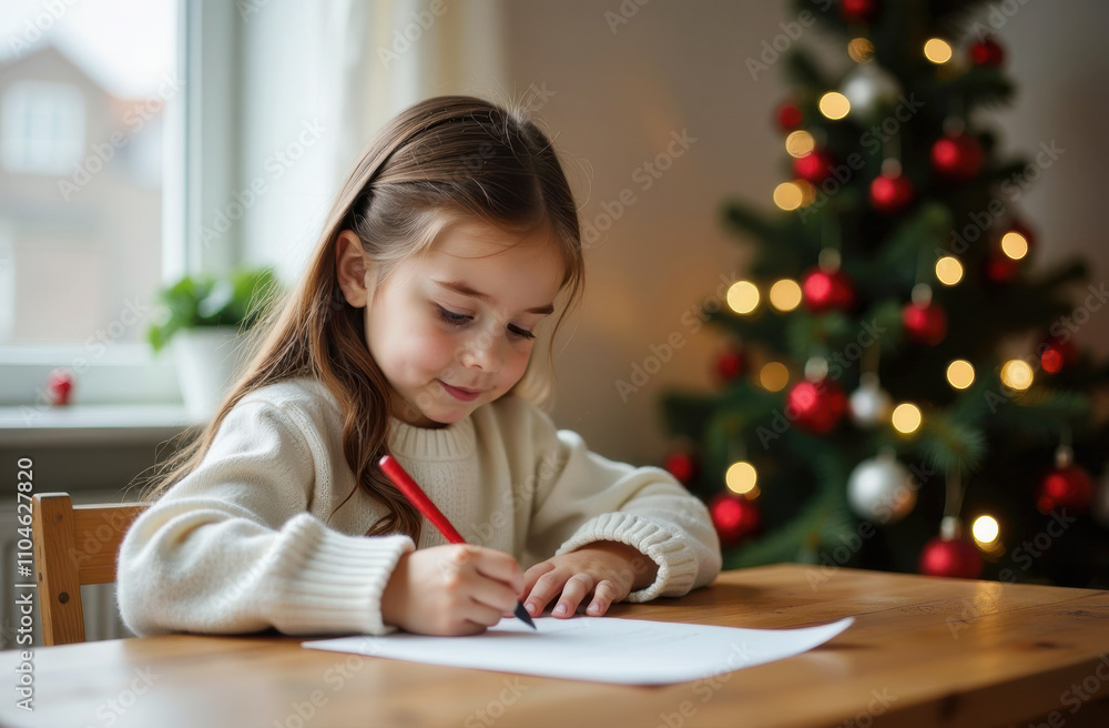 Young girl writing letter by christmas tree with festive decorations Young girl writing letter by christmas tree with festive decorations