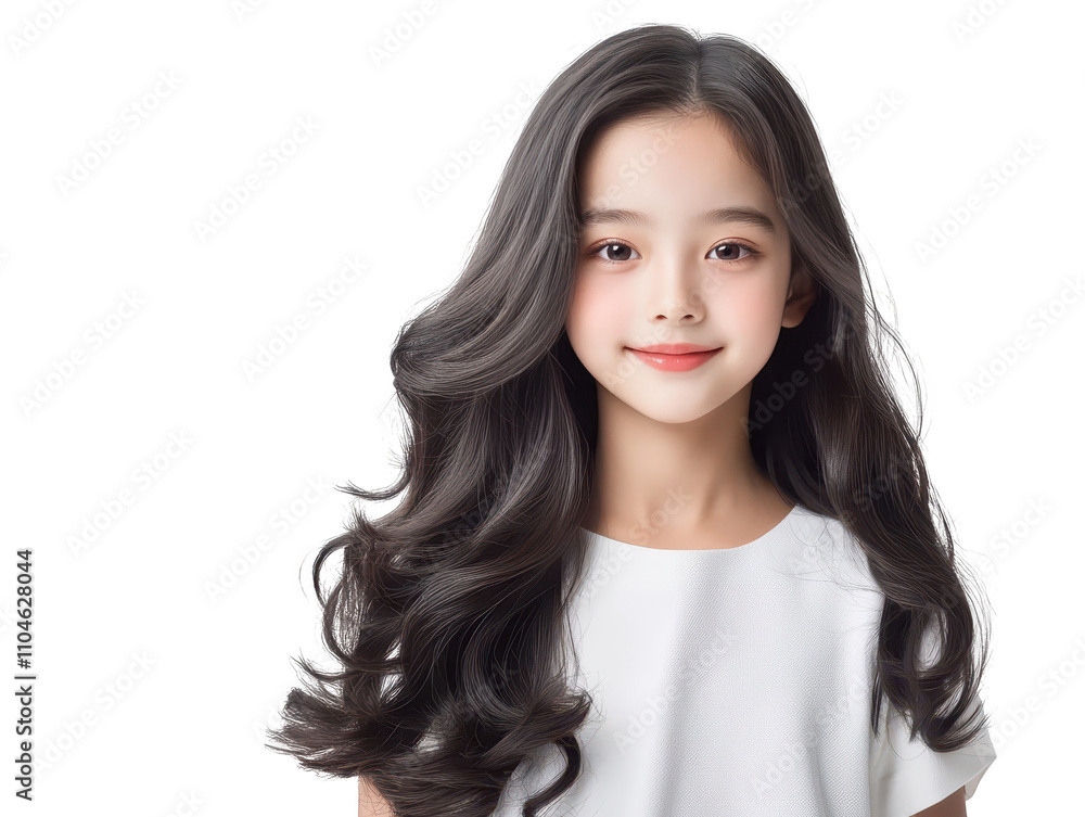 Portrait of girl with long flowing hair and classic white shirt, timeless image of beauty simplicity