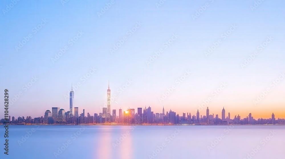 Obraz premium Majestic Sunrise Over a Vibrant Urban Skyline with Reflections
