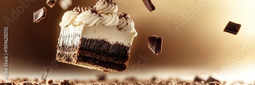 falling Tiramisu on solid background color light brown
