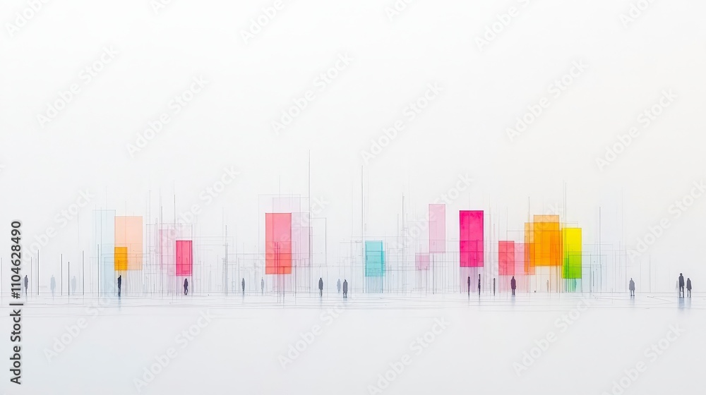 Abstract Cityscape with Colorful Geometric Shapes and Silhouetted Figures Abstract Cityscape with Colorful Geometric Shapes and Silhouetted Figures