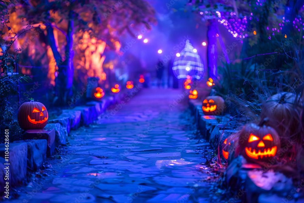 Obraz premium A spooky Halloween pathway lined with glowing jack-o'-lanterns amidst vibrant lights.