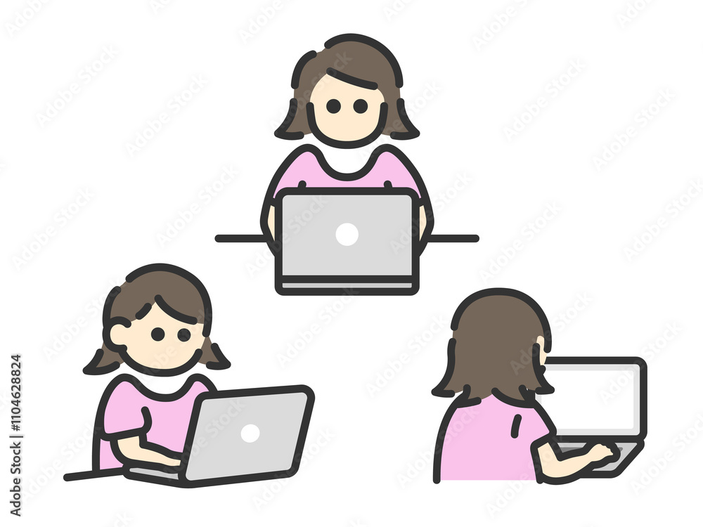 ノートパソコンを使う女性のアイコン(線画カラー)のイラストセット ノートパソコンを使う女性のアイコン(線画カラー)のイラストセット