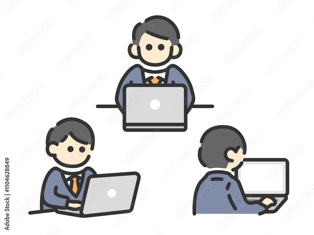 正面から見た、ノートパソコンを使う、ビジネスマンのアイコン（線画カラー）のイラスト
