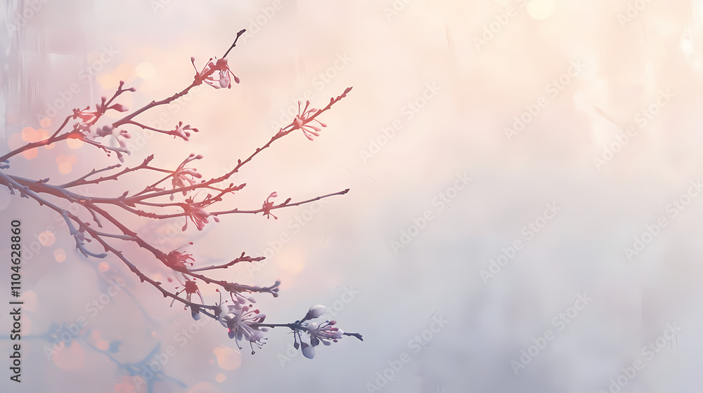 Winter's Embrace: A delicate, frost-kissed branch reaches towards the horizon, bathed in the soft glow of a winter sunrise. Winter's Embrace: A delicate, frost-kissed branch reaches towards the horizon, bathed in the soft glow of a winter sunrise.