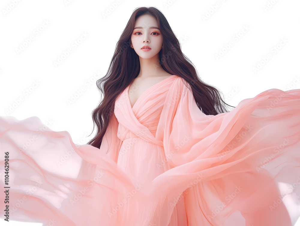 Elegant woman in flowing pink dress, portrait of grace, beauty and timeless style, showcasing modern fashion trends