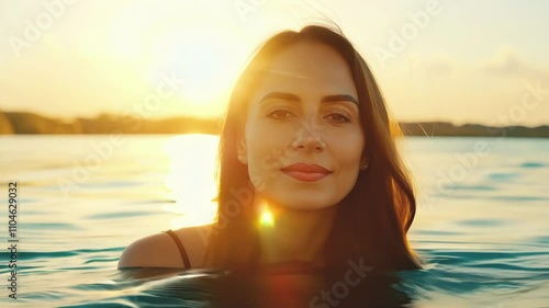 Wallpaper Mural A serene woman enjoying the sunset by the water, radiating tranquility and joy in a moment of peace and reflection. Torontodigital.ca