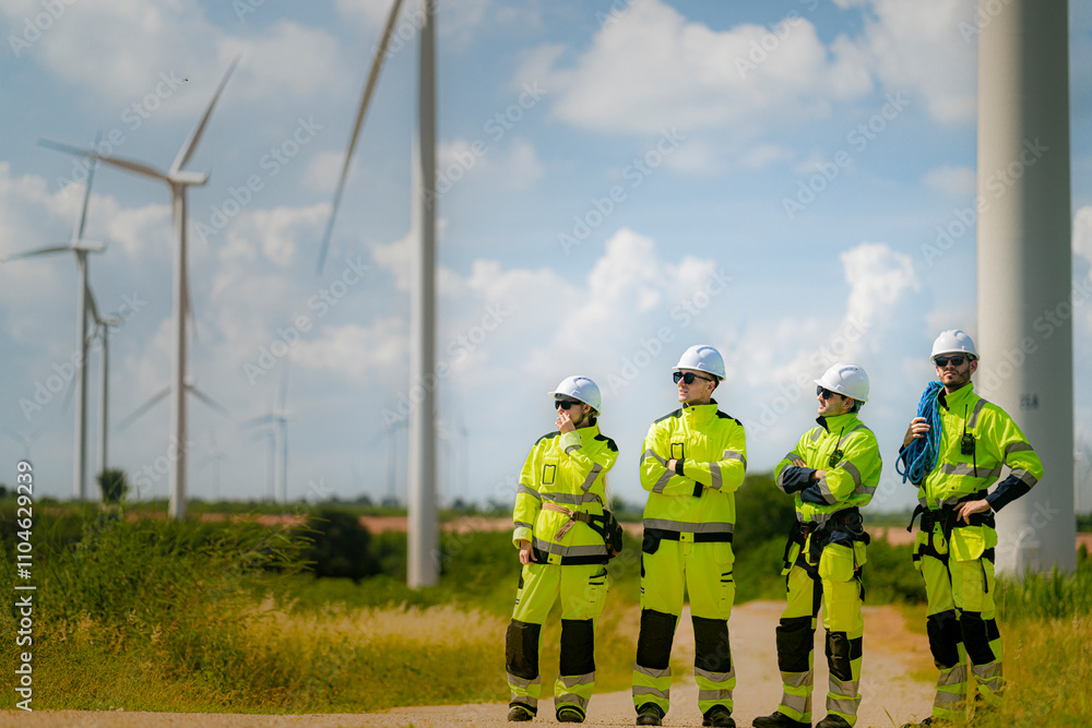 A team of engineers in high-visibility safety gear stand together at a wind farm, conducting inspections and discussing renewable energy projects. Wind turbines surround them under a clear sky. A team of engineers in high-visibility safety gear stand together at a wind farm, conducting inspections and discussing renewable energy projects. Wind turbines surround them under a clear sky.
