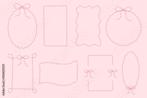 Set of romantic whimsical borders and frames with bow, ribbon. Round, circle, wavy. Vector elements and templates for posters, invitations, weddings, social media etc.