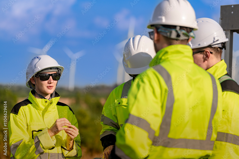 A team of engineers in high visibility safety gear stand together at a wind farm, conducting inspections and discussing renewable energy projects. Wind turbines surround them under a clear sky. A team of engineers in high visibility safety gear stand together at a wind farm, conducting inspections and discussing renewable energy projects. Wind turbines surround them under a clear sky.