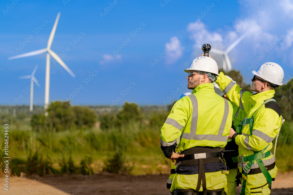 A team of engineers in high visibility safety gear stand together at a wind farm, conducting inspections and discussing renewable energy projects. Wind turbines surround them under a clear sky. A team of engineers in high visibility safety gear stand together at a wind farm, conducting inspections and discussing renewable energy projects. Wind turbines surround them under a clear sky.