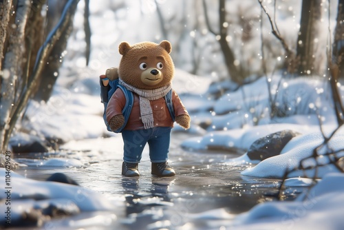 A Bear Wearing a Backpack and Scarf Walking on a Frozen Path in a Snowy Forest 01