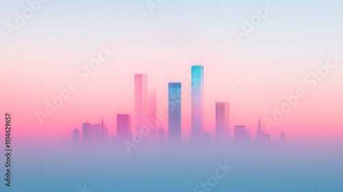 Misty Urban Skyline at Sunrise with Soft Pink and Blue Tones