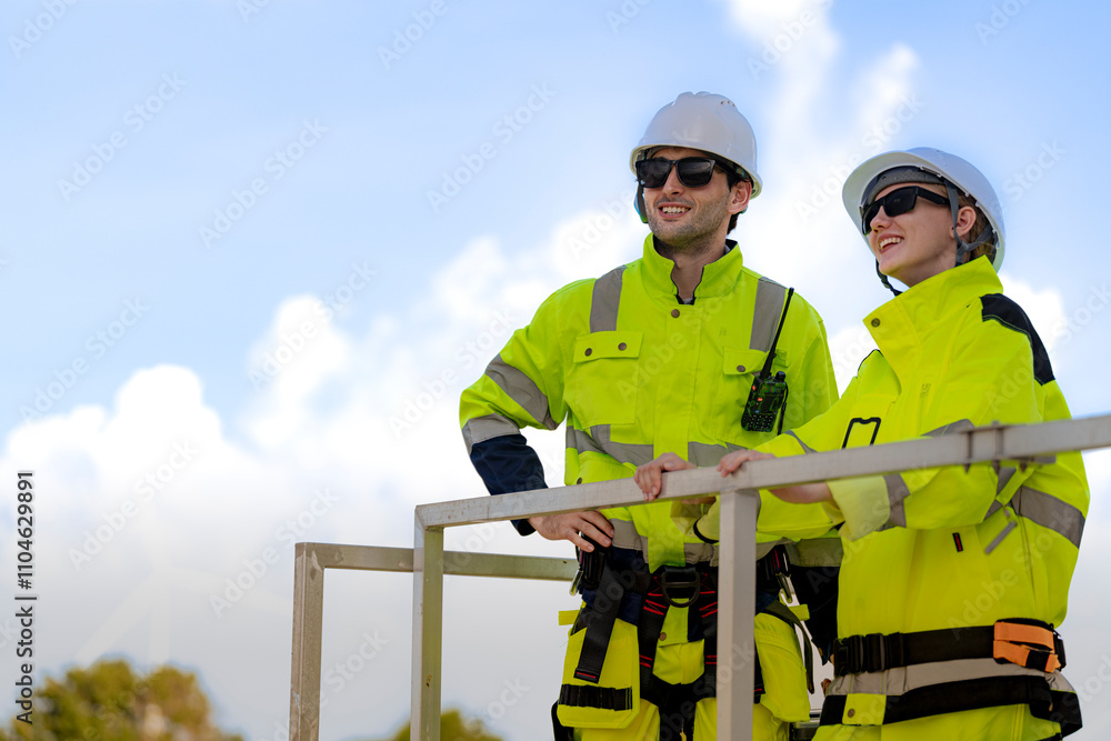 Two engineers in high visibility gear stand near a wind turbine, reviewing a clipboard and preparing for maintenance work. The image highlights teamwork, safety, and renewable energy sector. Two engineers in high visibility gear stand near a wind turbine, reviewing a clipboard and preparing for maintenance work. The image highlights teamwork, safety, and renewable energy sector.