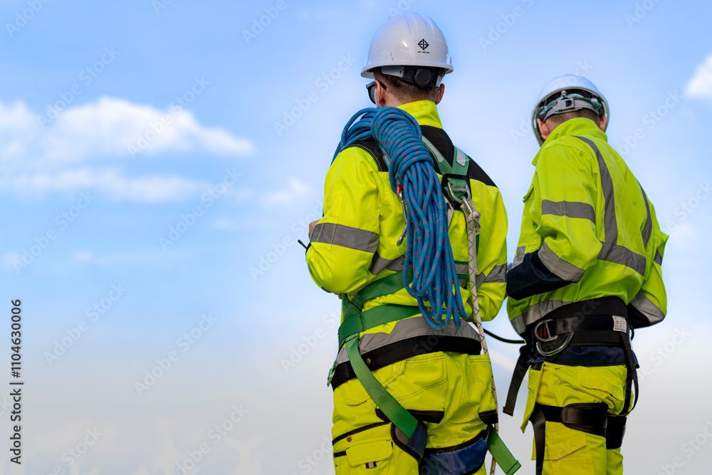 Two engineers wearing high visibility safety jackets and helmets measure wind speed with an anemometer and analyze data on a tablet at a renewable energy site. The cloudy sky adds depth to the scene. Two engineers wearing high visibility safety jackets and helmets measure wind speed with an anemometer and analyze data on a tablet at a renewable energy site. The cloudy sky adds depth to the scene.