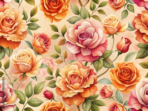 Vintage Roses Seamless Pattern in Macro Photography - Pink and Orange Floral Design on Beige Background for Home Decor, Textiles, and Stationery