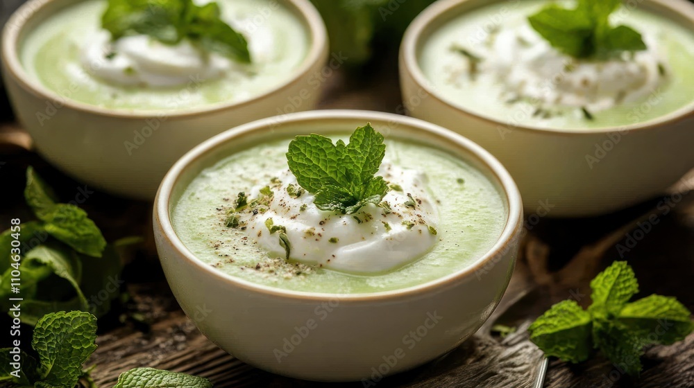 Chilled melon soup garnished with fresh mint and a swirl of yogurt, Chilled melon soup garnished with fresh mint and a swirl of yogurt,