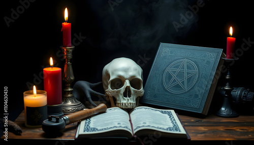 Witchcraft composition with animal skull, candles, magic book and pentagram symbol. Altar for satanic rituals. Black magic and occult objects isolated with white highlights, png