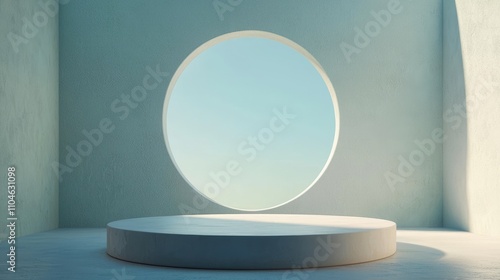 Minimalist White Circular Platform Against a Pale Blue Wall with an Oval Window photo