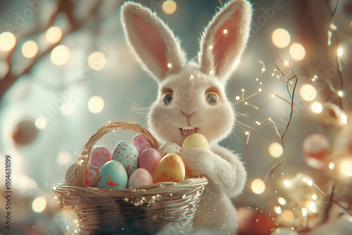 Enchanting White Rabbit with Easter Eggs in Basket against Festive Backdrop , concept easter day , photo