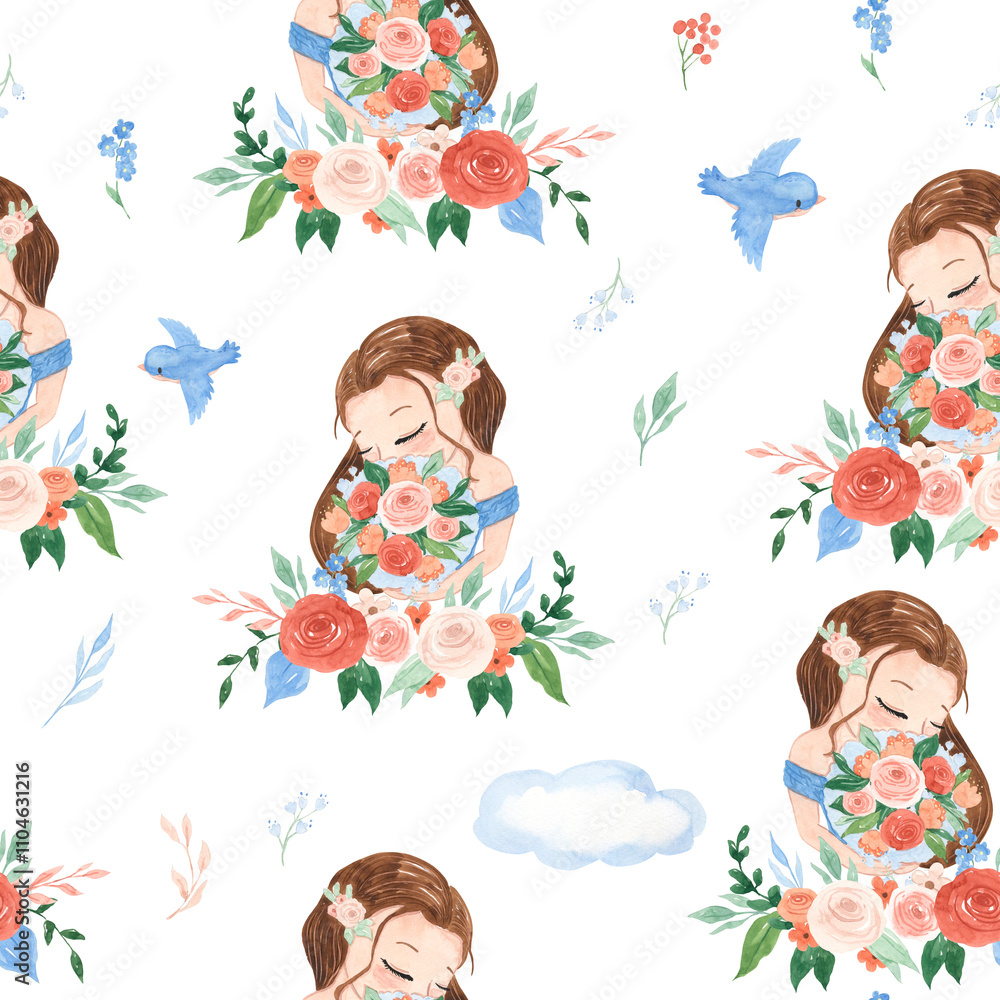 watercolor bunny, women, bird, flowers seamless pattern illustration for kids watercolor bunny, women, bird, flowers seamless pattern illustration for kids