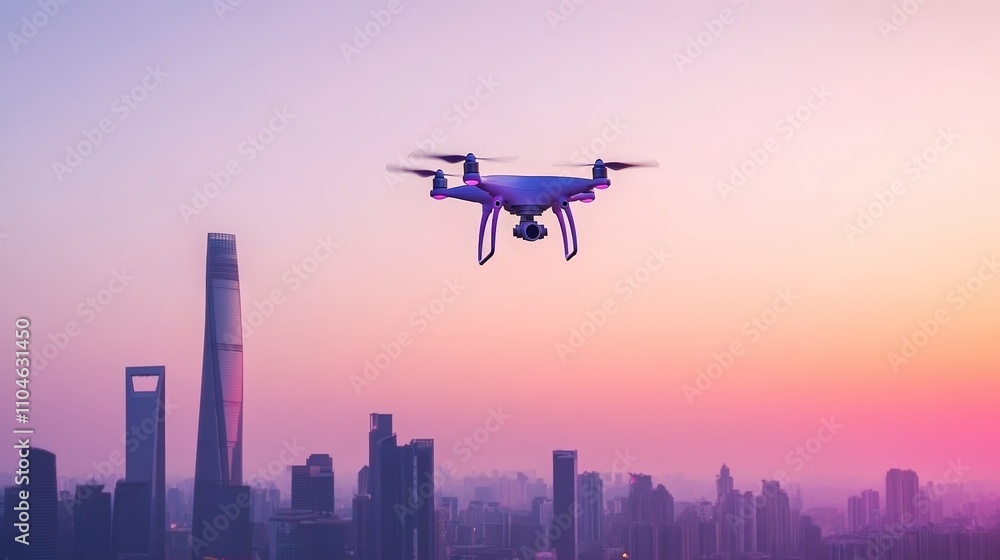 Aerial View of Drone Flying Over City Skyline at Sunset Aerial View of Drone Flying Over City Skyline at Sunset