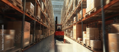 A red forklift moving quickly through a long warehouse aisle filled with shelves of boxes and goods for distribution.