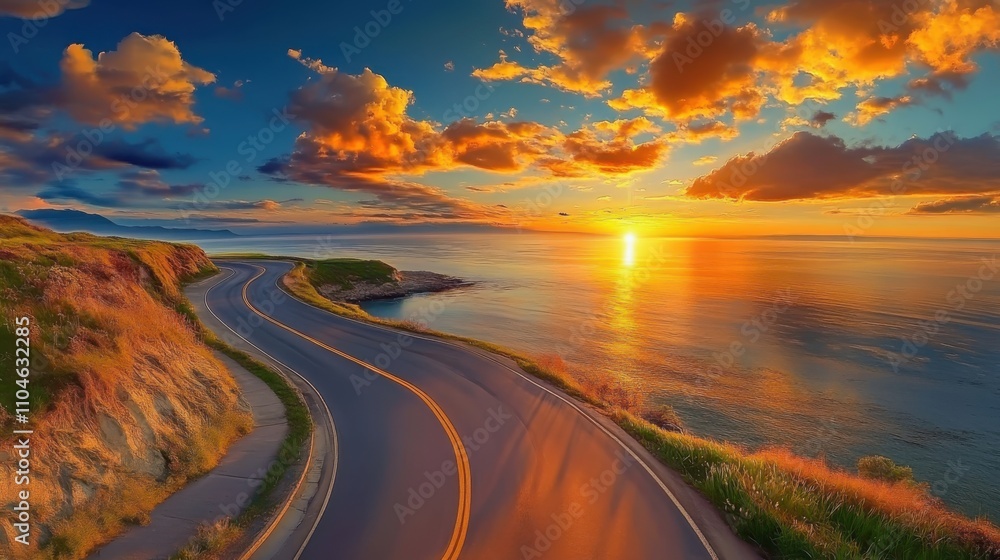 landscape of road at the sea in sunset landscape of road at the sea in sunset