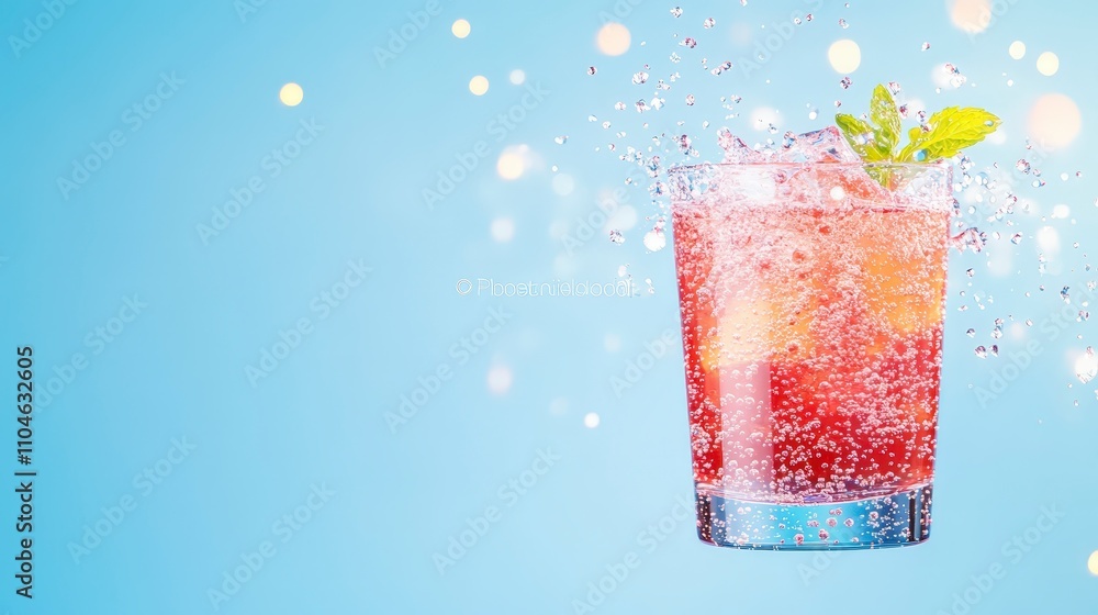 Refreshing Colorful Drink with Ice and Mint on Blue Background Refreshing Colorful Drink with Ice and Mint on Blue Background