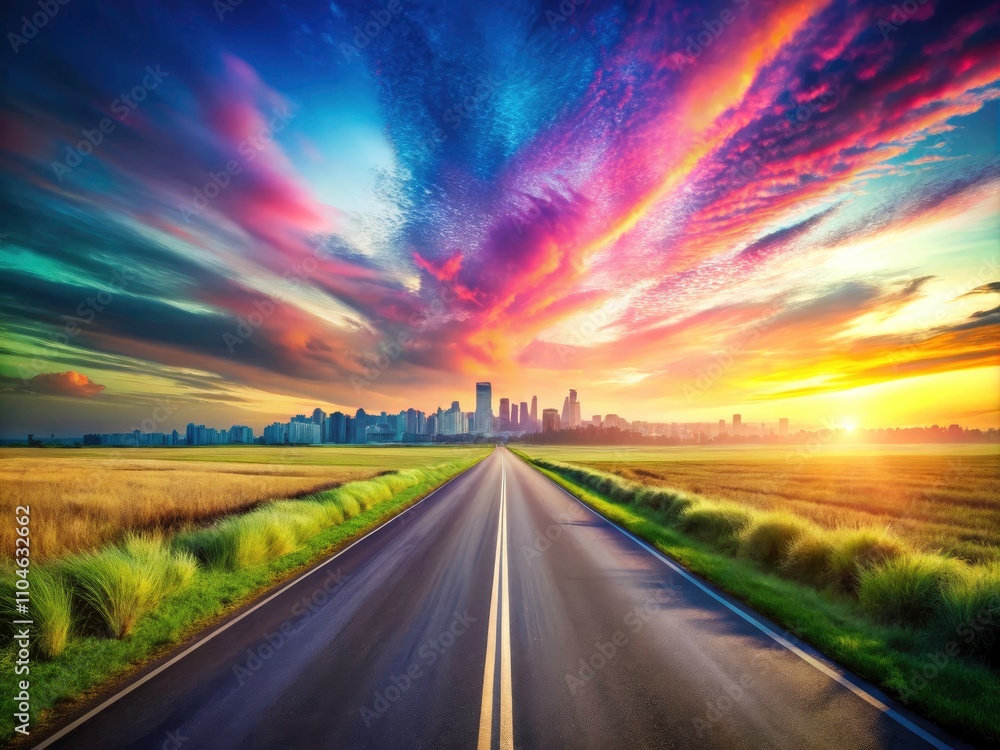 Naklejka premium Surreal Summer Road Trip: Empty Highway Meadow Cityscape