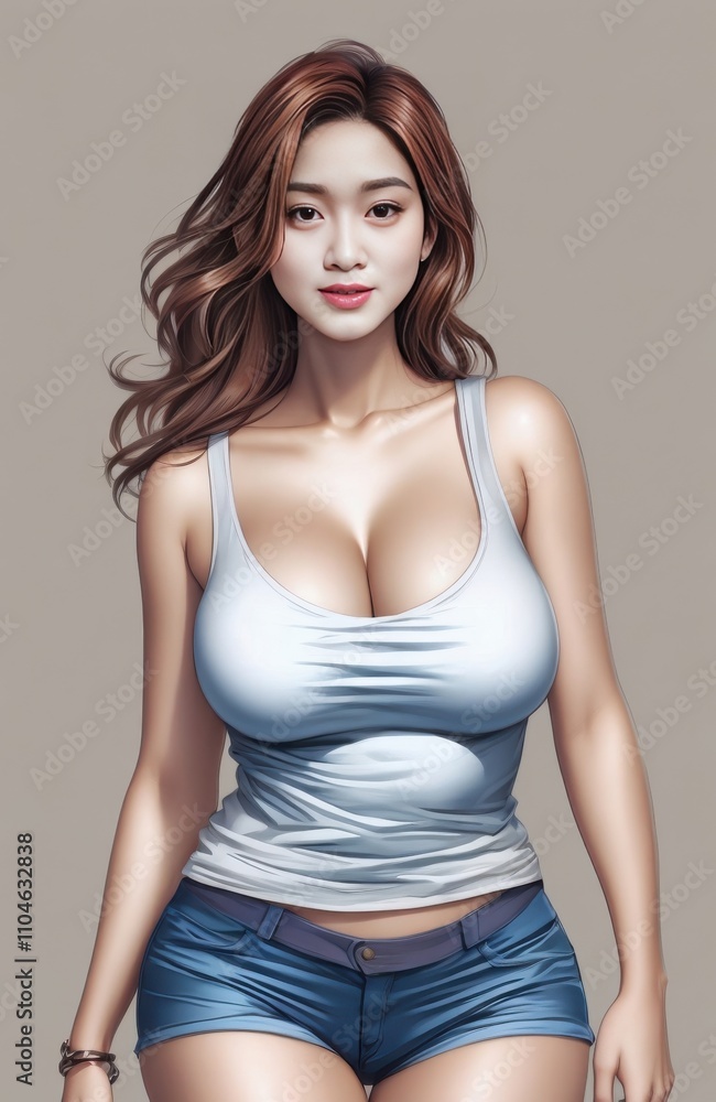 a close up of a woman in a tank top and shorts a close up of a woman in a tank top and shorts