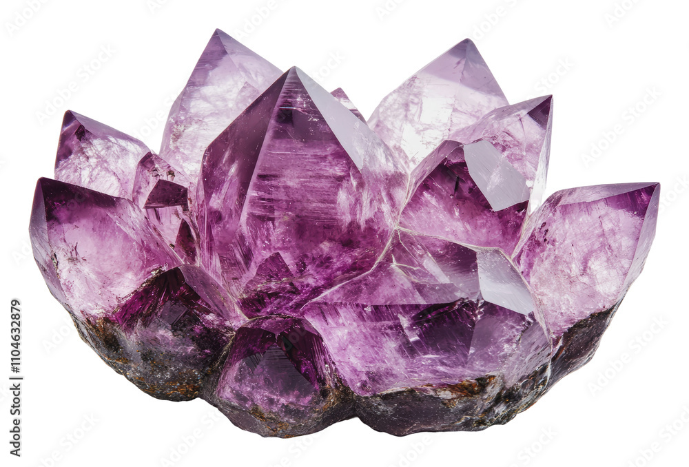 Beautiful amethyst crystal formation on display, cut out - stock png. Beautiful amethyst crystal formation on display, cut out - stock png.